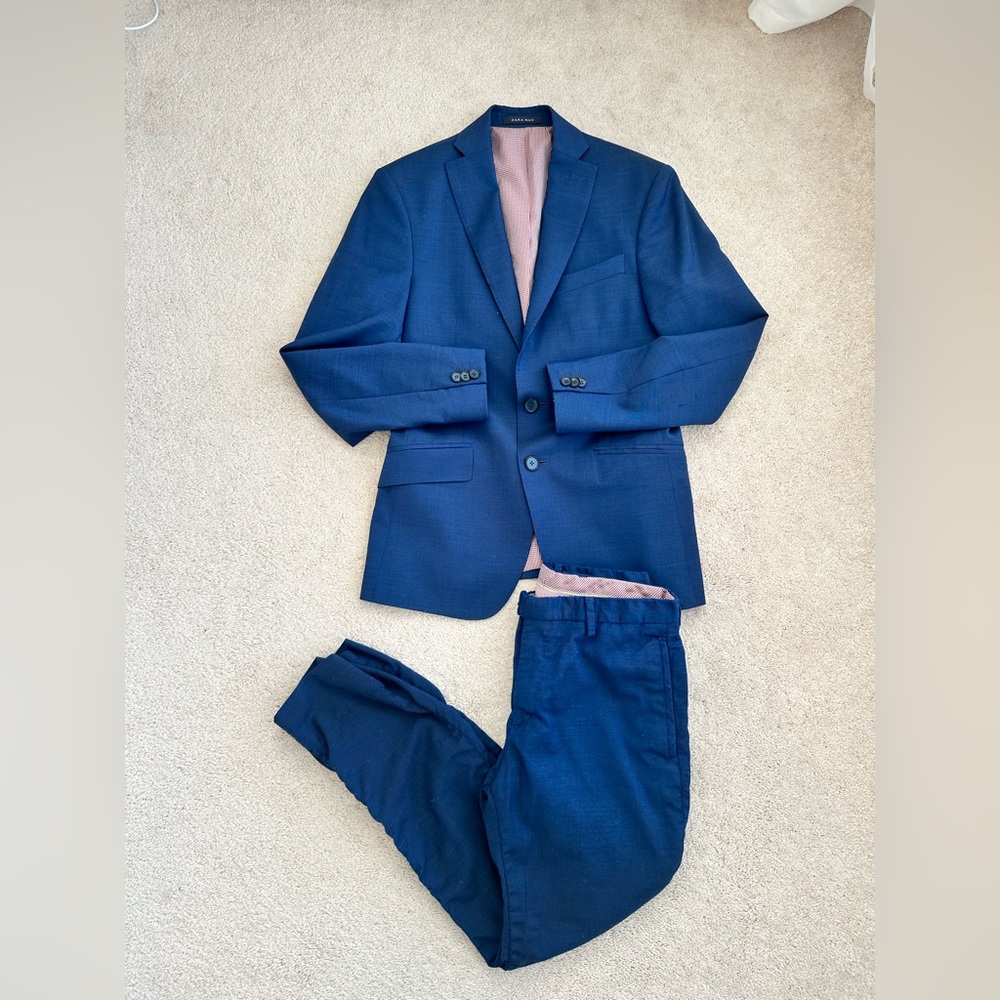 Zara Men’s 100% Lana Wool Navy Blue Suit Jacket (36) & Pants (30/26)